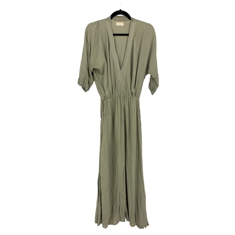 Uma and Leopold Uma Maxi Kaftan Dress Women's Sz Small Light Olive Green V-Neck